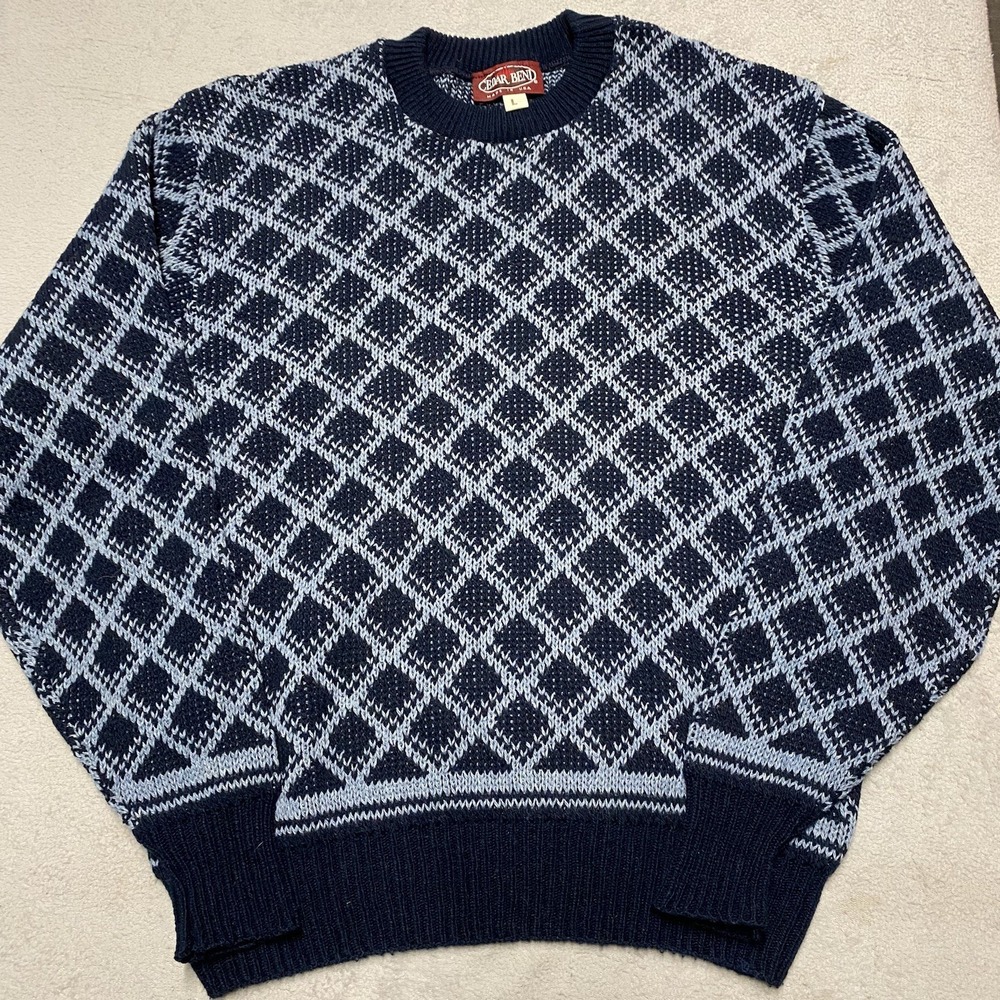 Vintage Cedar Bend Sweater Mens Large Blue Diamond Knit Wool Acrylic 90s USA